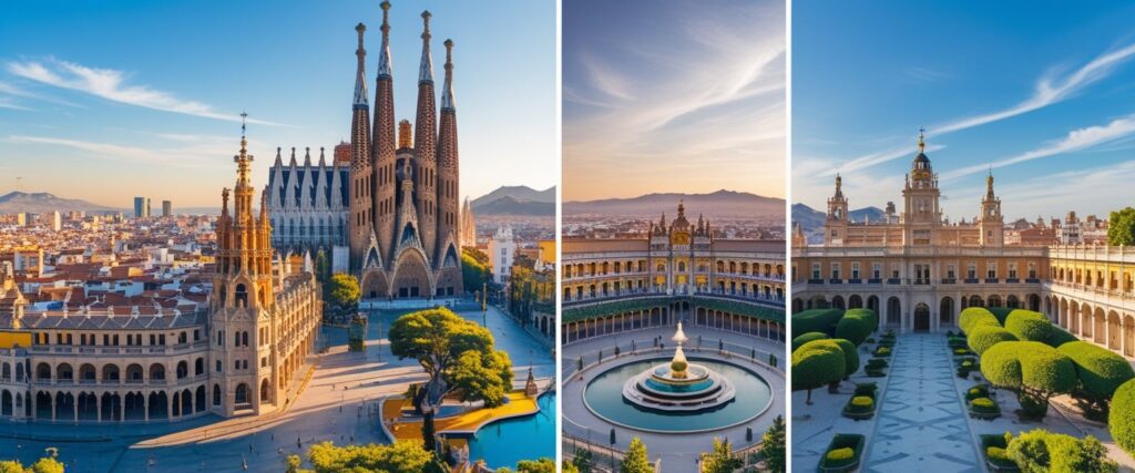 Stunning panoramic view of Spain in 2025, featuring a collage of iconic landmarks like Sagrada Familia in Barcelona, Plaza de España in Seville, Alhambra in Granada, and Madrid’s Royal Palace, with sunny skies and vibrant colors, modern travel magazine style.