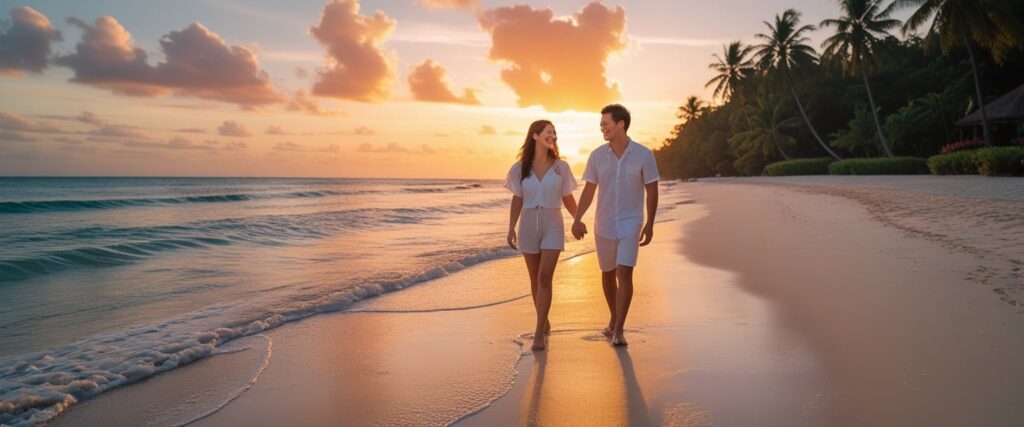 Happy young couple walking hand in hand on a Bali beach at sunset, romantic atmosphere, gentle ocean waves, golden light, perfect honeymoon scene