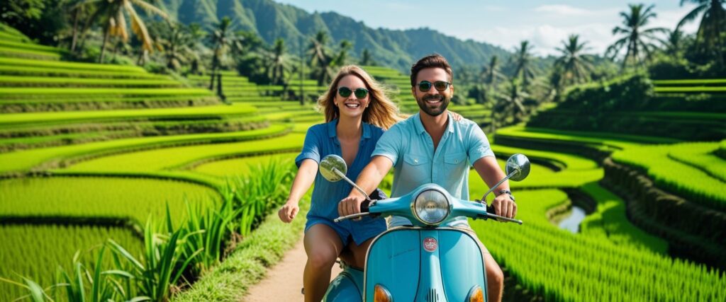 Couple in casual summer clothes riding a scooter through Bali rice terraces, fun, adventurous, tropical greenery, travel photography style