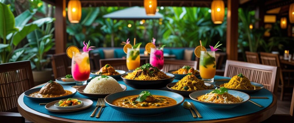 “Beautifully arranged Indian dinner table at a Bali restaurant, curry, naan, biryani served with tropical cocktails, fusion of Indian and Balinese vibes, cozy restaurant ambiance”