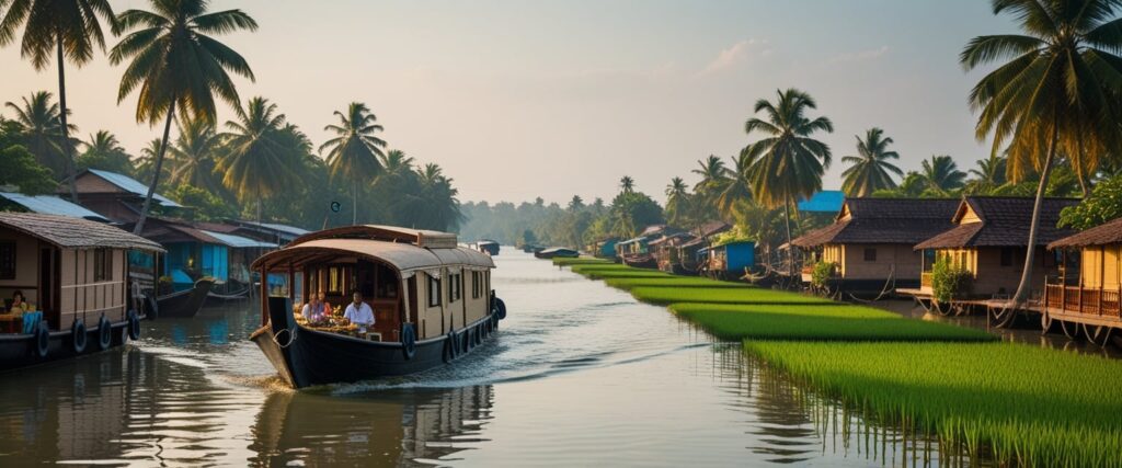 The Kerala backwaters form a network of canals, lagoons, and lakes running parallel to the sea. Towns like Alleppey, Kumarakom, and Kollam are famous for their calm waterways lined with coconut palms and small villages.
A stay on a Kerala houseboat allows visitors to drift past rice paddies, temples, and fishing communities. Many houseboats include furnished rooms, kitchens, and decks for viewing the scenery.
Travelers often enjoy traditional meals onboard while watching local life unfold along the banks. This slow-paced experience has become one of the most popular reasons people choose to visit Kerala’s backwaters.