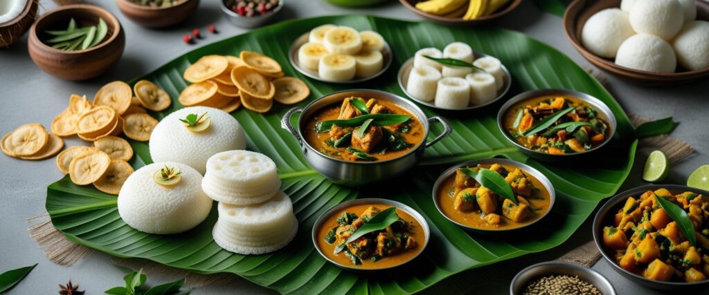 Kerala cuisine emphasizes rice, coconut, and spices, with both vegetarian and seafood dishes playing a central role. Meals often include curries flavored with black pepper, cardamom, and curry leaves.
Popular staples include appam (rice pancakes), puttu (steamed rice flour with coconut), and fish curry. Banana chips, tapioca dishes, and seafood specialties are also widely enjoyed.
Food is often served on banana leaves, especially during festivals and feasts. Dining in Kerala provides not only nourishment but also an introduction to the state’s agricultural traditions and spice trade history, which shaped its global connections.