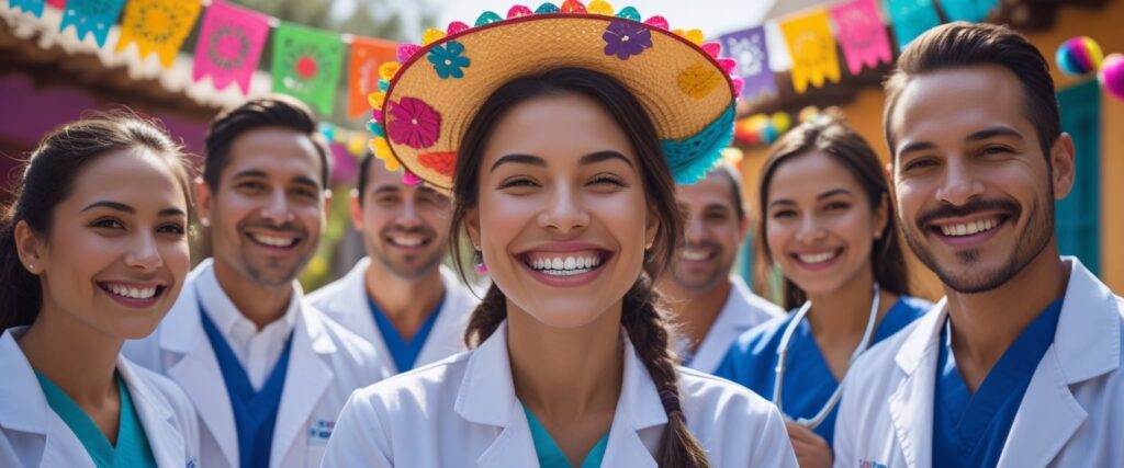 A colorful fiesta scene in Mexico where a happy patient shows off pearly white teeth after a dental check-up, surrounded by dental doctors