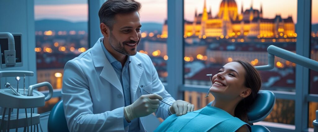 A real Hungarian dentist as a healer inside a dental clinic, with a smiling patient wearing a tiny crown, and Budapest’s famous hospital building and castles glowing in the background.