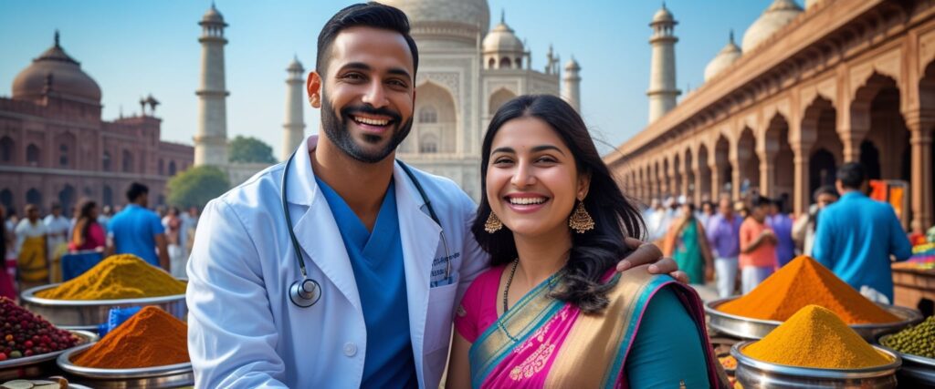 A vibrant Indian scene with a dentist smiling alongside a tourist patient, surrounded by hospital, bustling markets, and the Taj Mahal in the backdrop, symbolizing “Dental Adventure of Spices and Smiles.
