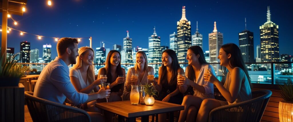 A rooftop bar in Melbourne at night with friends enjoying drinks, city skyline glowing, modern nightlife atmosphere.