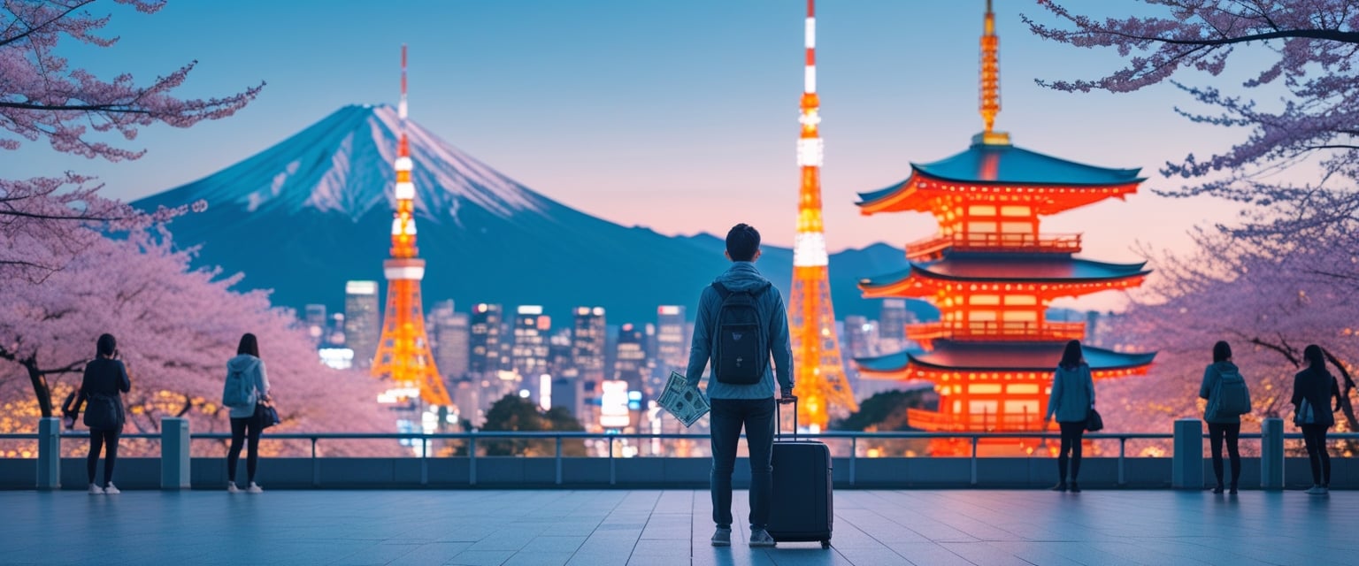 Travel-themed featured image for a blog titled Is $5000 Enough for Japan? The Ultimate Budget. A traveler holding cash and suitcase while looking at Mount Fuji, Tokyo Tower, cherry blossoms, and Shibuya Crossing. Bright, modern, minimal blog illustration style, with clean space for text overlay.