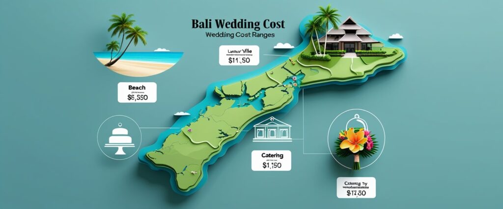 llustrated infographic-style image showing Bali wedding cost ranges, with icons of beach, villa, resort, catering, and flowers, arranged around a tropical Bali map — modern and colorful.