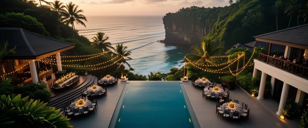 Aerial view of a luxurious Bali villa wedding with pool, ocean cliff backdrop, guests dining under fairy lights — cinematic atmosphere.