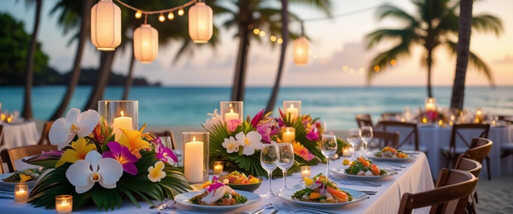 "Bali wedding reception table setup with tropical flowers, lanterns, and gourmet plated food — fine-dining under fairy lights by the beach."