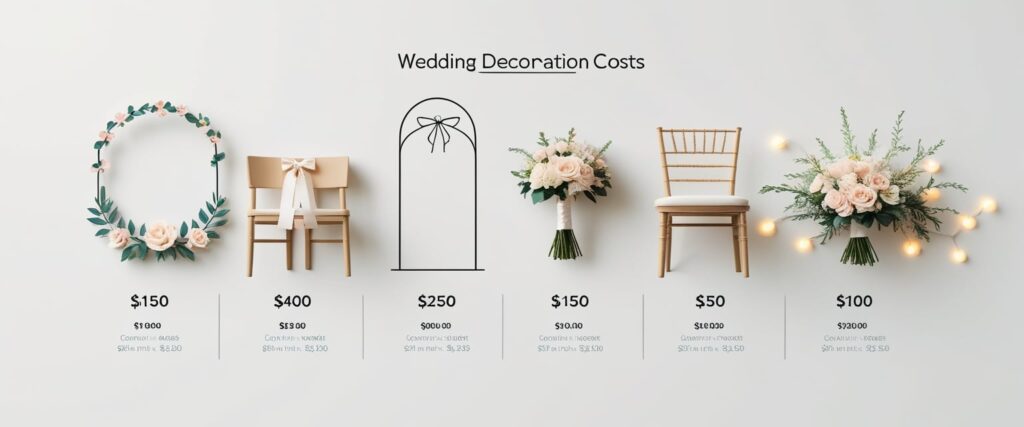 Minimalist infographic showing wedding decoration costs with icons: flower arch, chairs with ribbons, bridal bouquet, fairy lights — clean and modern design