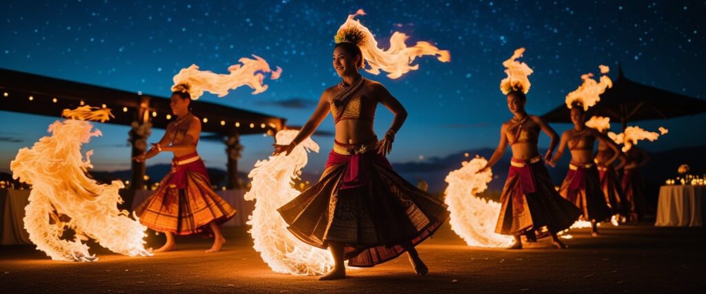 Traditional Balinese fire dancers performing at a wedding reception under the stars — dramatic flames lighting up the night."