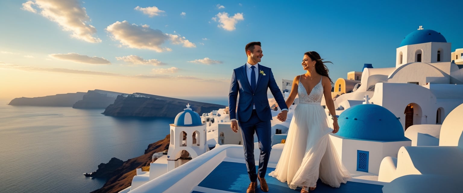Happy honeymoon couple standing on a Santorini terrace in Oia, overlooking blue-domed churches and the sea, golden sunset sky, romantic and elegant travel magazine style, ideal featured image for honeymoon blog.