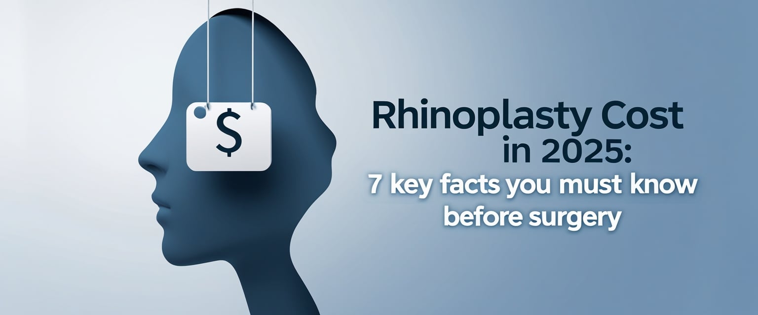 A modern medical-themed infographic style image showing a sleek human face silhouette with focus on the nose, a price tag hanging beside it, and text overlay saying ‘Rhinoplasty Cost in 2025: 7 Key Facts You Must Know Before Surgery’. Clean, professional, and eye-catching design with soft medical blue and white tones.