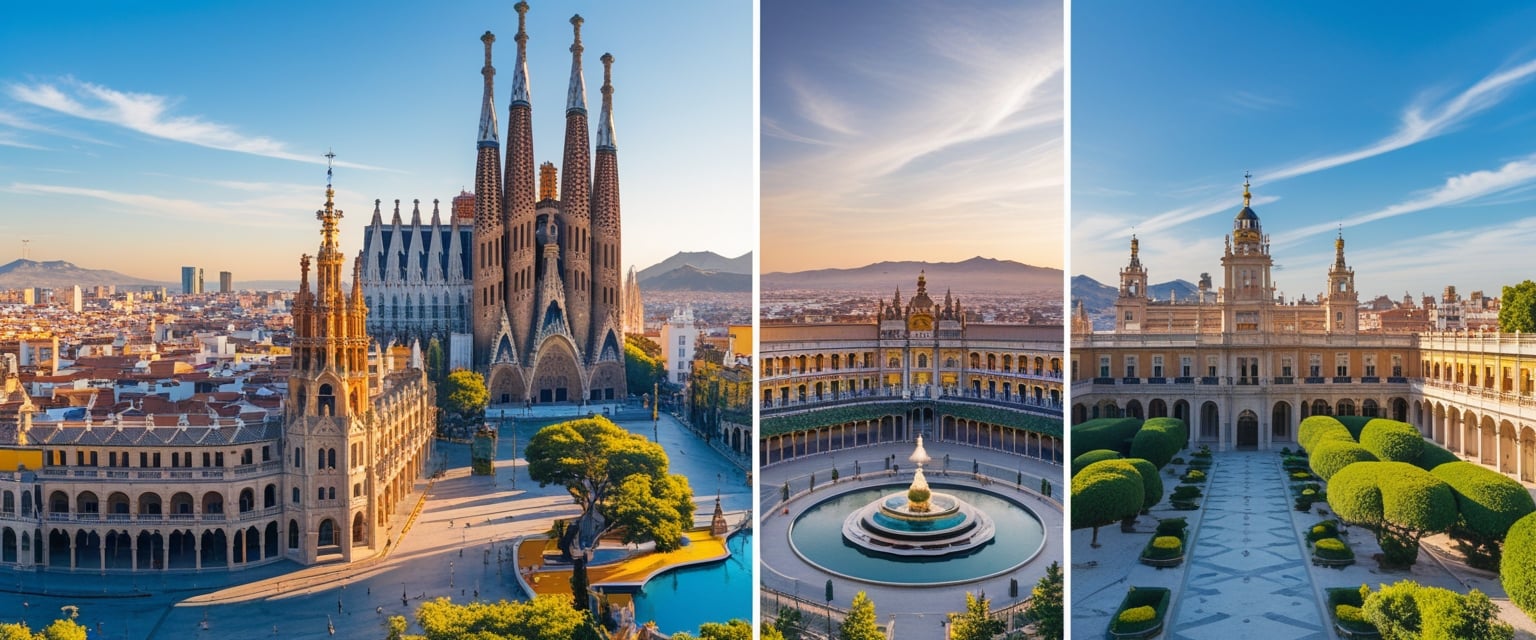 Stunning panoramic view of Spain in 2025, featuring a collage of iconic landmarks like Sagrada Familia in Barcelona, Plaza de España in Seville, Alhambra in Granada, and Madrid’s Royal Palace, with sunny skies and vibrant colors, modern travel magazine style.