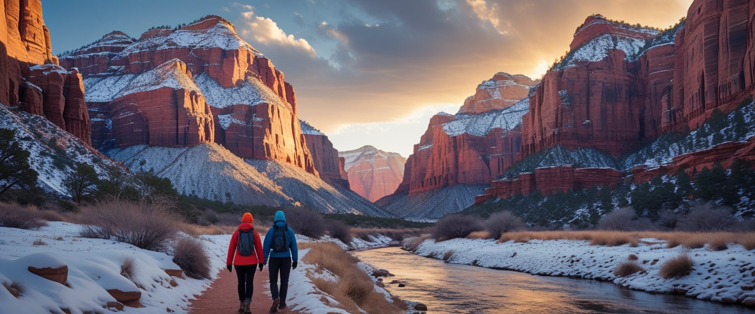 Wide-angle view of Zion National Park in December with snow-dusted red sandstone cliffs, the Virgin River winding through the canyon, soft golden winter sunlight, dramatic sky, and a couple of hikers in warm gear walking along a scenic trail. The scene should capture both the beauty of the landscape and the sense of adventure, perfect for a travel blog featured image.
